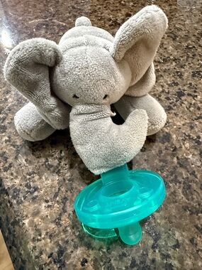Gray Plush Elephant Wubbanub with Teal Pacifier Attachment